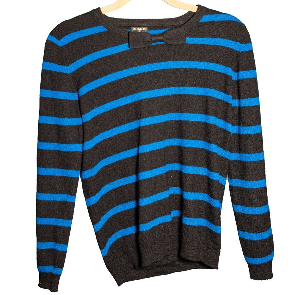 1980s Chanel Striped Black and Blue Cashmere Sweater